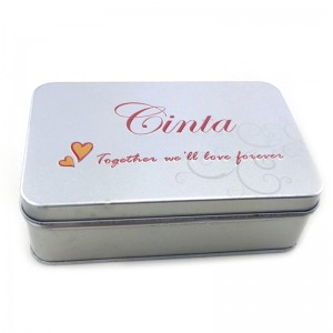 Caja de lata cosmética rectangular de barniz plateado personalizado con logotipo en relieve